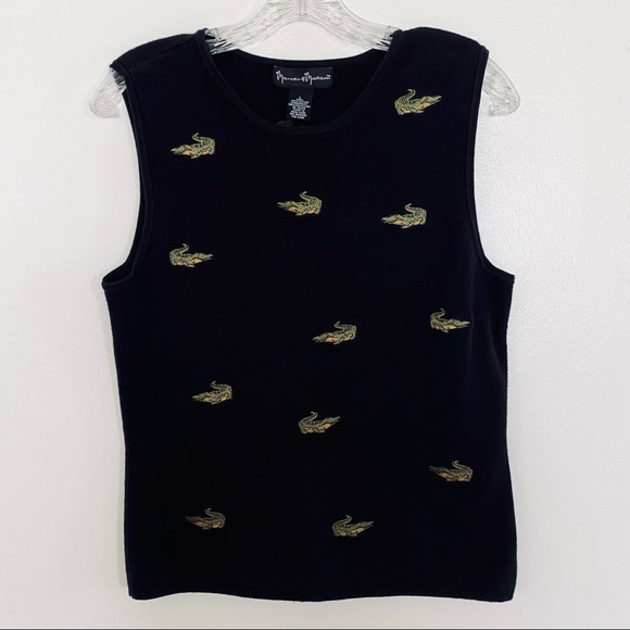 Sleeveless Knit Sweater Tank Shell Black Alligators Crocodiles Vintage Size L - Picture 1 of 6
